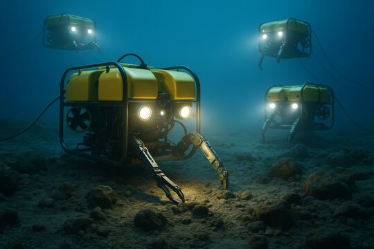 Remotely operated vehicles with bright lights explore the mysterious ocean floor. These robotic explorers illuminate benthic zones, revealing hidden depths.