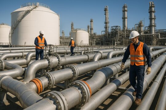 Engineers are inspecting pipelines at a large industrial oil and gas refinery facility. The expansive complex features numerous storage tanks and processing units.