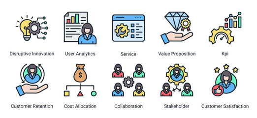 Fototapeta premium Business Growth icon set featuring analytics,customer retention,collaboration,stakeholder management,and service innovation vector concepts.