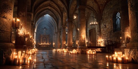 Fototapeta premium Candles Lit in Gothic Cathedral A Dramatic Architectural Scene