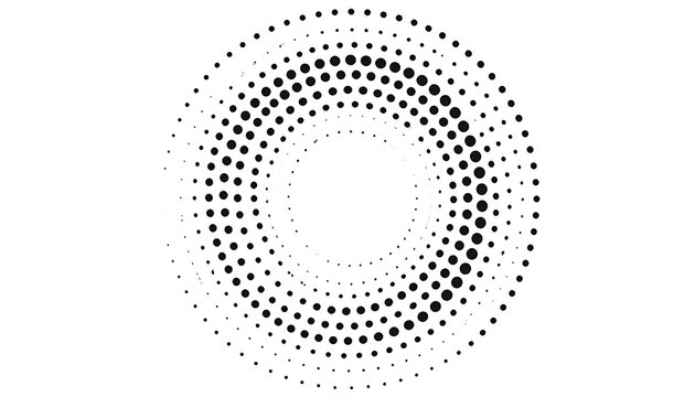 Abstract circular pattern made of small squares and dots, radiating outwards, graphic element