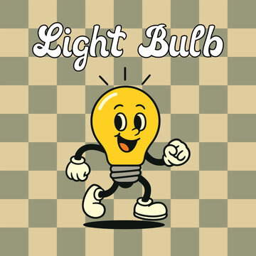 Light bulb mascot in playful flat vector style on checkered background