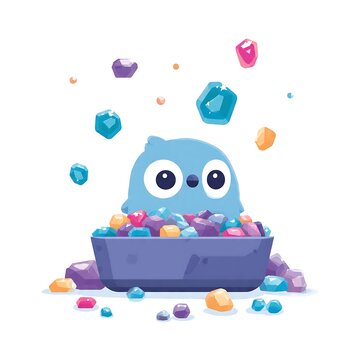 Cute cartoon illustration of a smiling blue monster with colorful cake in flat vector style.