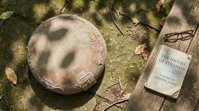 Outdoor Meditation Corner: Zafu Cushion, Book, and Eyeglasses on Stone Patio