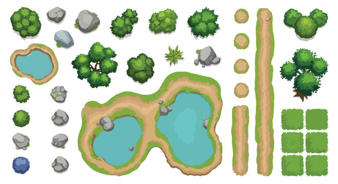 Top-down game environment assets, cartoon landscape elements for map design, vector set of trees, rocks, ponds and dirt paths for level building