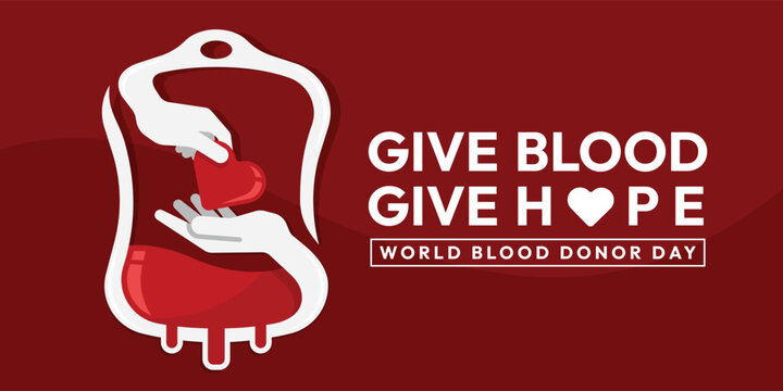 World donor blood day - Give blood give hope text and hand give red heart to hand in blood bag sign on red background vector design