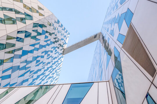 Bella Sky Hotel Low Angle View, Connecting Bridge, Geometric Facade, Modern Architecture, Copenhagen