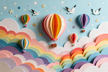 Obraz premium Colorful Hot Air Balloons Floating Above Rainbow Paper Clouds