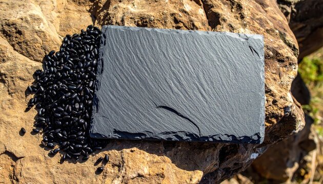 Hand Hewn Slate Tablet Surface with Natural Rock Texture and Black Seeds
