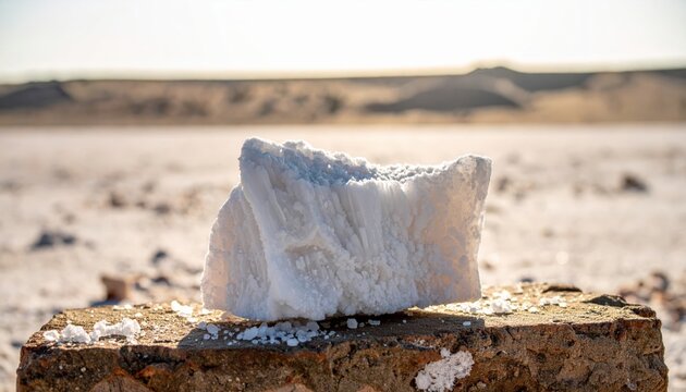 Rough hewn salt block with crystalline texture rests on worn stone slab outdoors