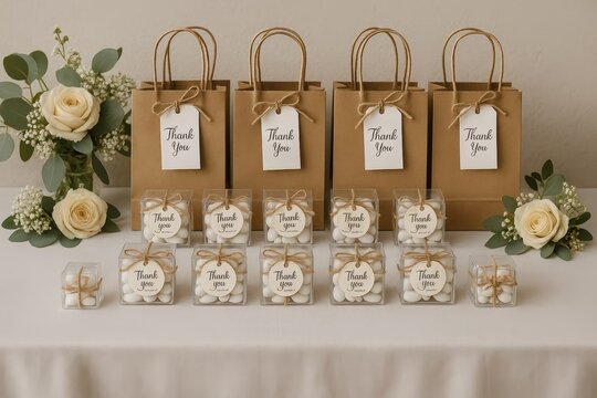 Elegant party favors for guests, featuring "Thank You" tags. Thoughtful gifts with a warm, personal touch.