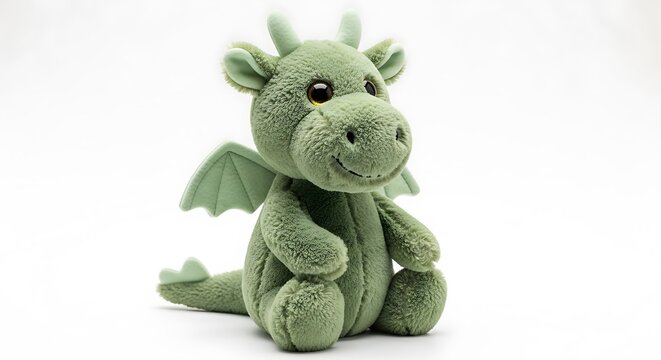 Cute green plush dragon toy sitting isolated on white background