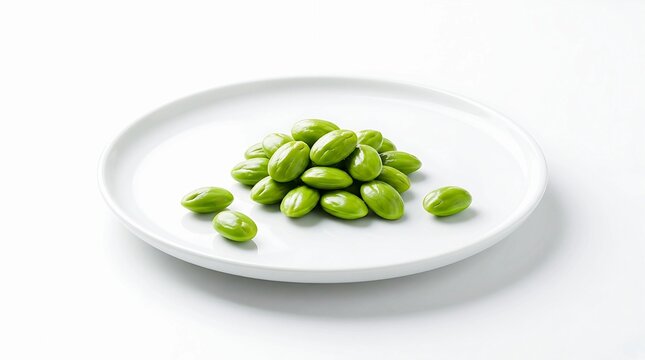 A pile of fresh green stink beans, also known as petai or parkia speciosa, arranged on a white plate against a plain white background, ready for culinary use
