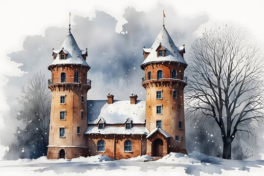 Snow-covered turret in winter