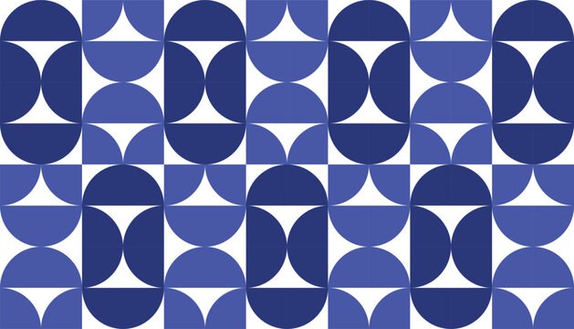 Seamless geometric pattern with blue and white abstract semicircles, modern minimalist repeating background