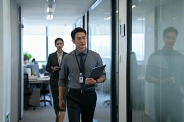 Fototapeta premium Business professionals walking in modern office hallway with digital tablet and ID badges