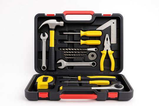 A comprehensive tool kit is neatly organized on a clean white background. Essential hand tools with yellow handles are ready for various tasks.