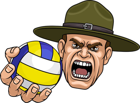 An angry drill instructor or sergeant bootcamp army soldier cartoon character holding volleyball ball sports team mascot illustration.