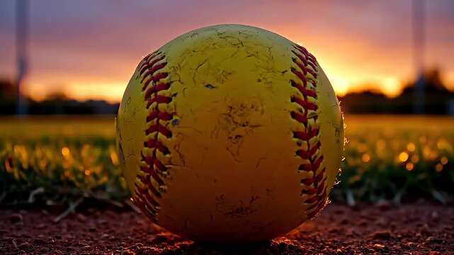 Worn softball on field at sunset with glowing sky and grass in background