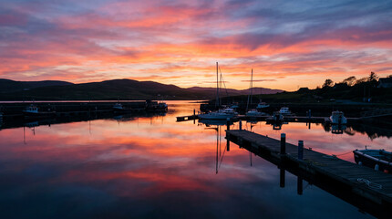 Fototapeta premium Calm Harbor Basin Reflecting Vibrant Orange And Pink Colors Of Dramatic Twilight Sunset Sky Landscape