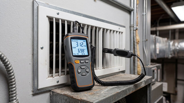 Macro close up shot of digital anemometer wind measuring device resting next to ventilation grille