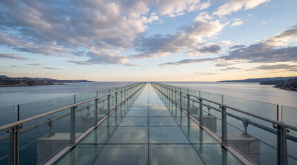 Fototapeta premium Symmetrical wide shot of long minimalist clear glass walkway bridge stretching far into distant horizon