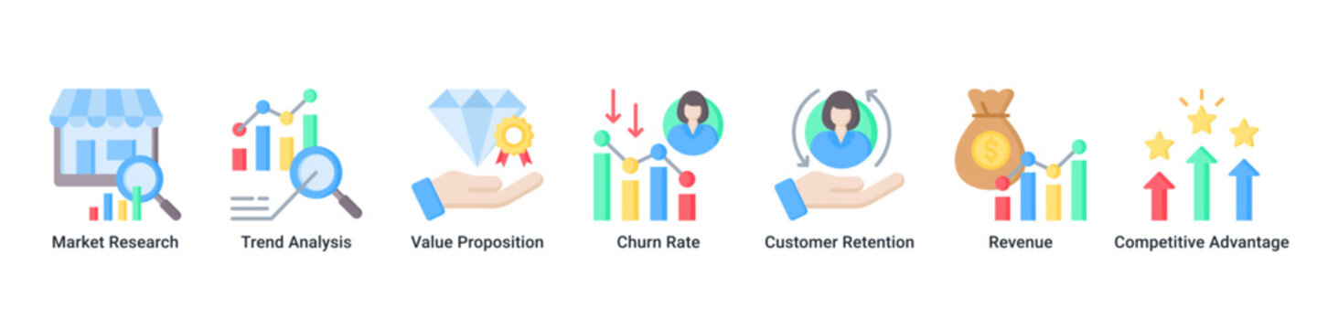 Market Strategy web banner icon vector illustration with Market Research, Trend Analysis, Value Proposition, Churn Rate, Customer Retention, Revenue and Competitive Advantage