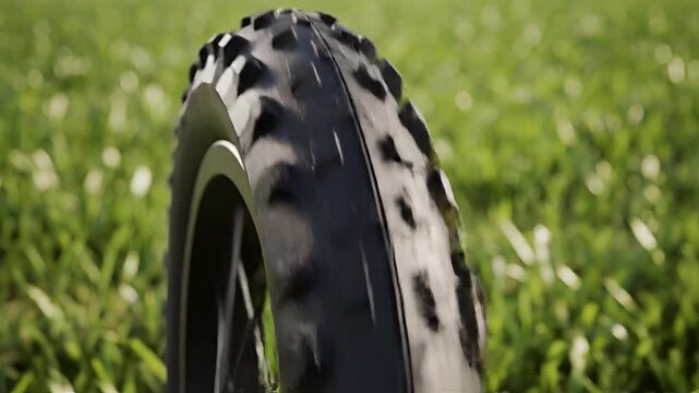 Close up of a bicycle tire with aggressive tread on a grassy field.