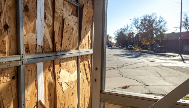 Barricaded Window Reveals Urban Street Scene in Autumn With Plywood and Metal Bracing