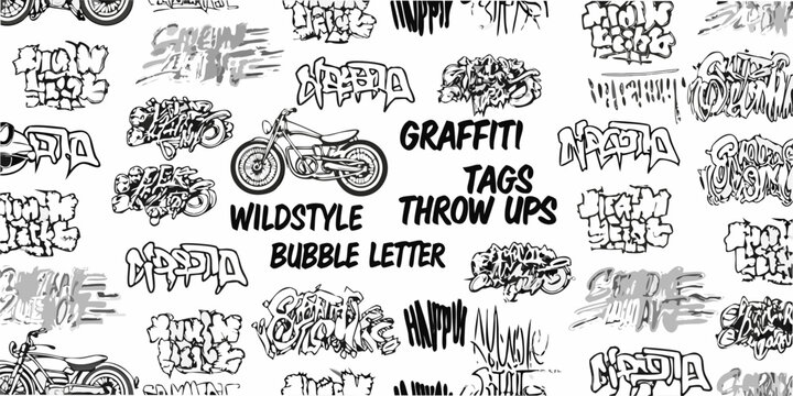 Graffiti tags and motorcycle illustrations a seamless vector pattern