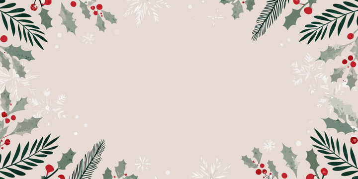 Holly berries and evergreen foliage festive vector illustration with beige background