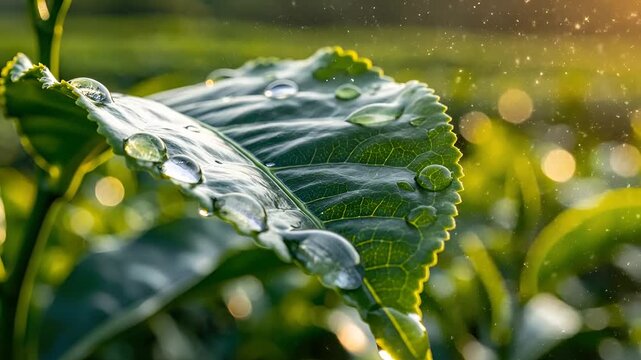 Close up of fresh green tea leaves with water droplets in sunlight.