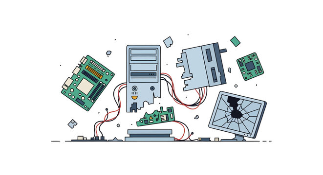 An illustration of a disassembled and broken personal computer with various internal components scattered around, including a cracked monitor and circuit boards.