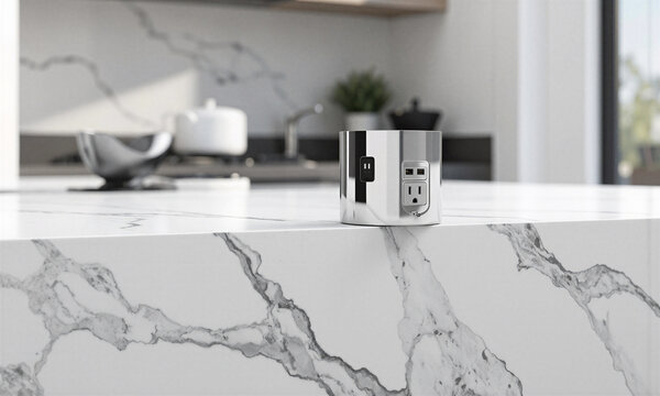 Pop-up socket kitchen island showing a chrome power outlet tower emerging from a quartz countertop in a contemporary kitchen design