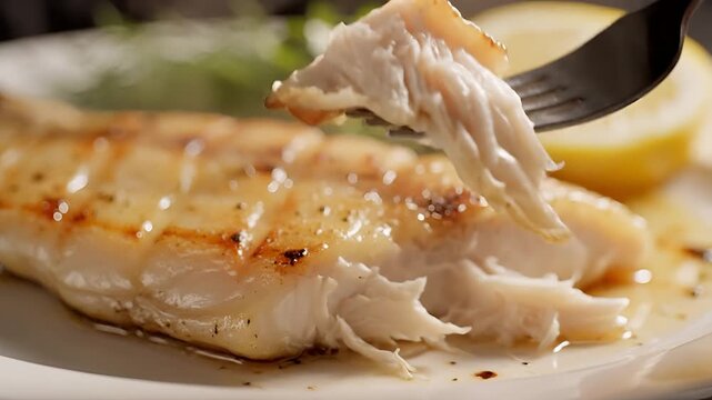 Closeup of a fork flaking cooked fish fillet with lemon and greens.