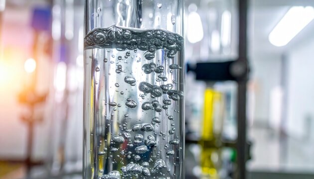 Numerous tiny bubbles of oxygen gas steadily rise through clear water contained within a tall glass laboratory beaker