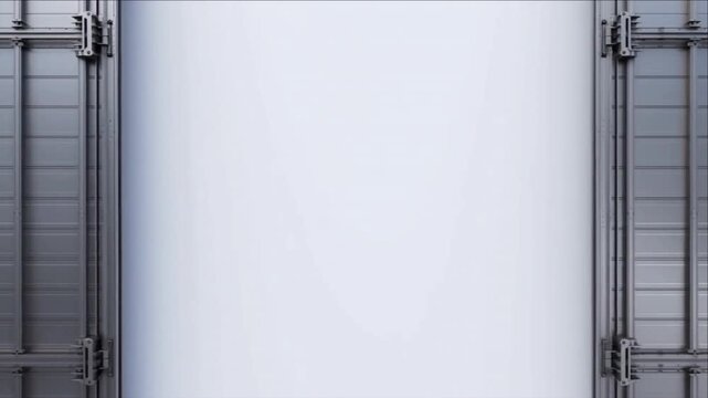 強化鋼とステンレスでできた列車の扉が中央から白い空間へ消失するトランジション