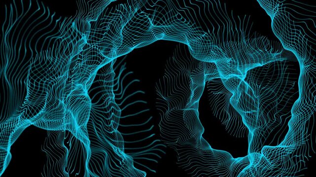 Abstract connected dots and lines on blue background. Communication and technology network concept with moving lines and dots.