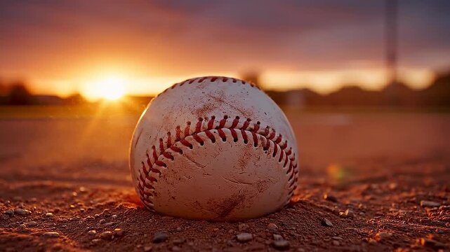 Close up of a worn baseball on dirt field during a vibrant sunset with glowing warm light