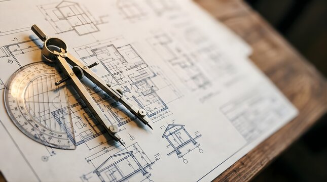 Architectural blueprint with compass and protractor on a wooden table