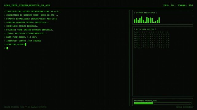 Core Data Stream Monitor On Air System Initializing Secure Data stream Core Network Node Live Buffer Allocation Progress Status Green HUD Terminal Screen.