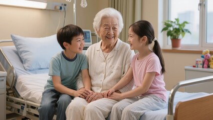 Fototapeta premium Happy Senior Patient Surrounded by Grandchildren in Hospital Room