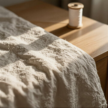 High angle close up of natural linen textile with fine texture and white thread spool on wooden table under afternoon sunlight