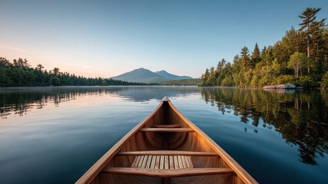 canoe on a calm lake with mountains in the distance at sunrise