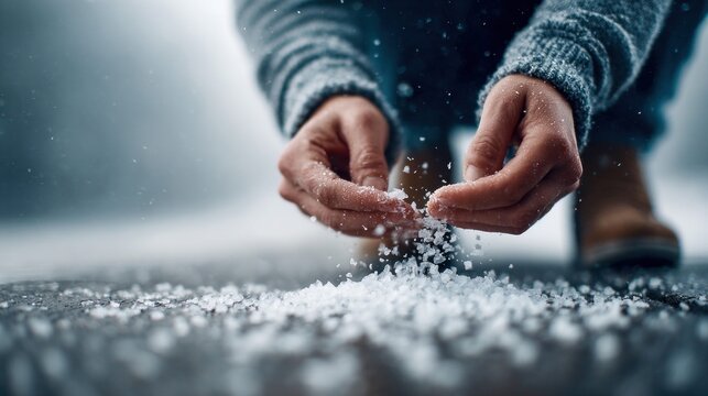 Person's hands sprinkling salt on a road during a winter snowstorm