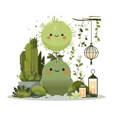 Cute flat vector cartoon illustration of a smiling green frog with a sun and clock.