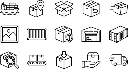 Logistics and delivery line icon set featuring shipping container cargo ship warehouse truck cardboard boxes and global transportation symbols © MDNAHIN