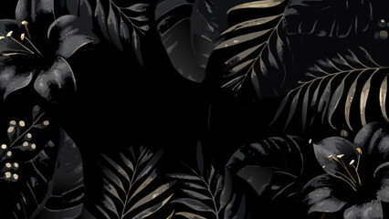 Dark floral ornament featuring tropical leaves and delicate white berries a detailed vector illustration botanical foliage plantlife monstera palm fern berry © Unnati