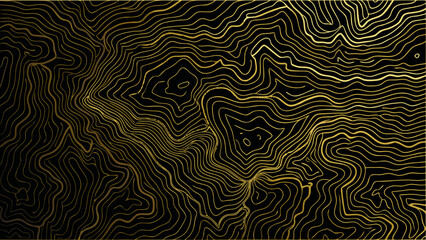Golden line art topographic map pattern displays an abstract mountain range on a black background contour lines elevation geography terrain topography © Unnati