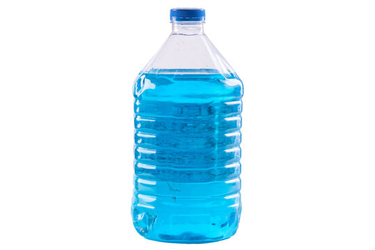Clear plastic bottle filled with bright blue liquid